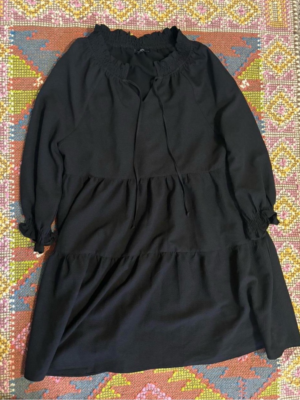 Source Unknown Black Tiered Long-Sleeve Smocked Neck Dress